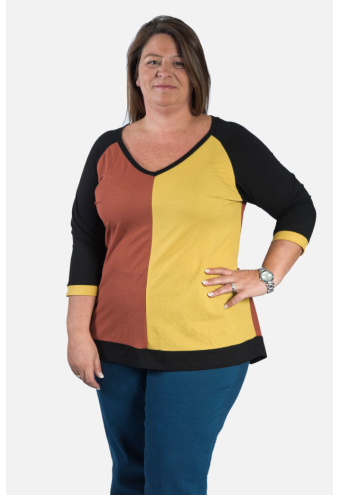 Camiseta de algodon tricolor en tallas grandes color mostaza negro y teja